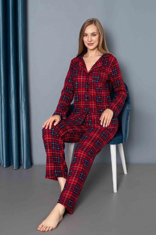 Süet Düğmeli Desenli Pijama Takımı