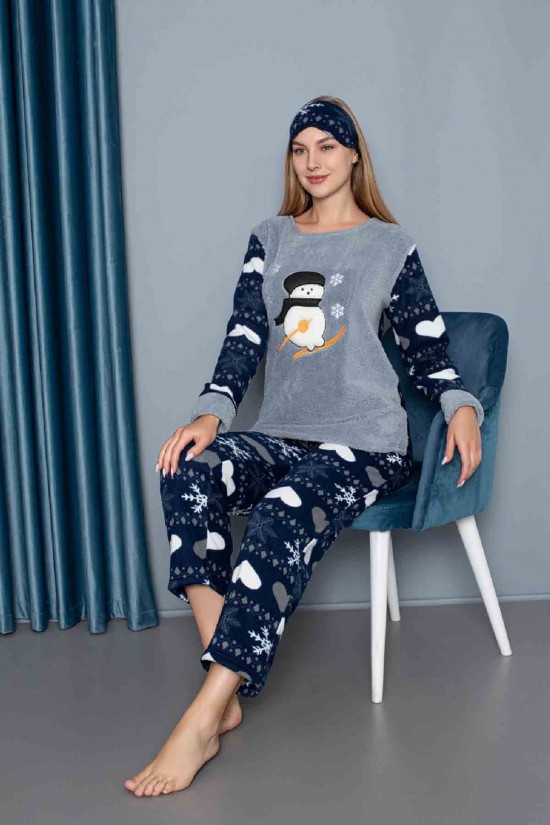 Desenli Polar Pijama Takımı Lacivert