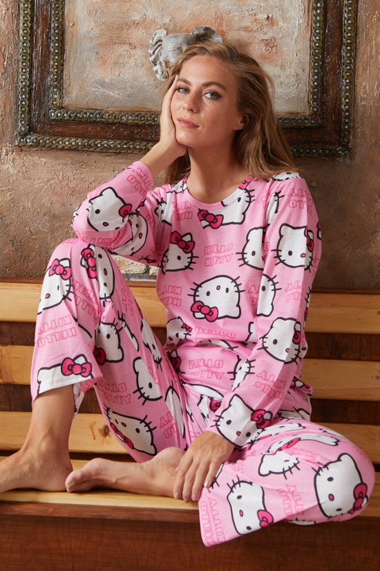 Desenli Pijama Takımı Pembe
