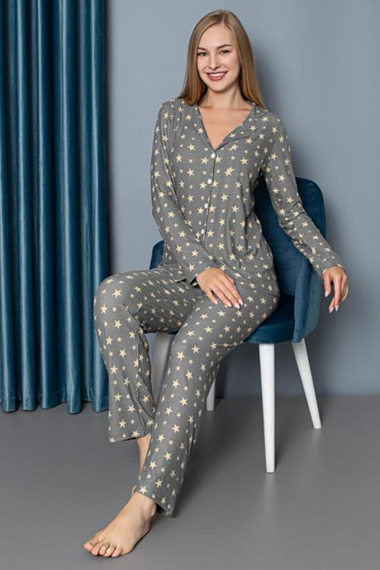 Düğme Detaylı Pijama Takımı Antrasit
