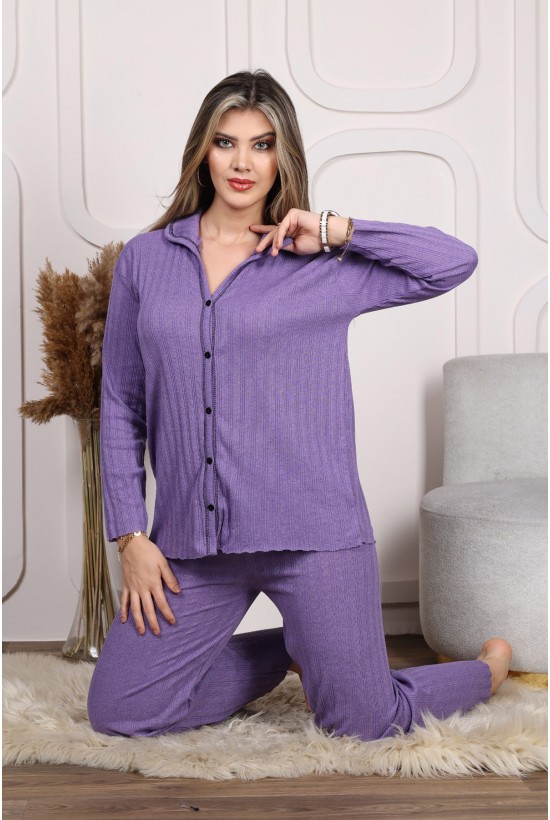 Düğme Detaylı Pijama Takımı Mor