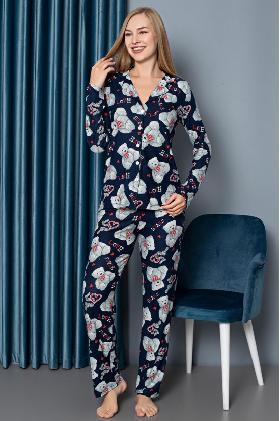 Süet Düğmeli Desenli Pijama Takımı