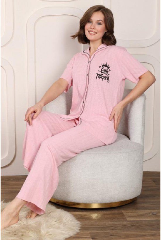 Düğmeli Nakış Detaylı Pijama Takımı Pembe
