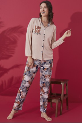 Düğme Detaylı Desenli Pijama Takımı Pudra