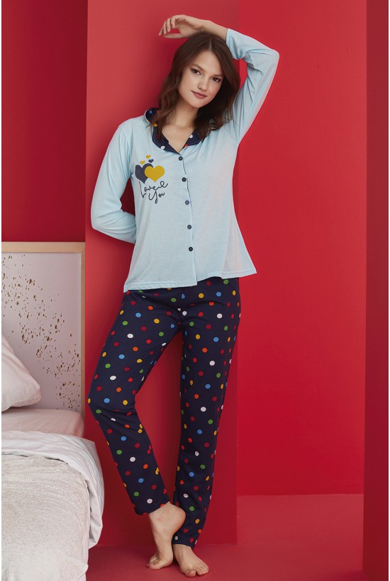 Düğme Detaylı Desenli Pijama Takımı Mint