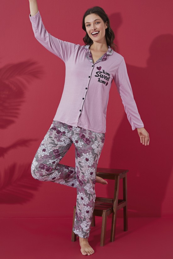 Düğme Detaylı Desenli Pijama Takımı Lila