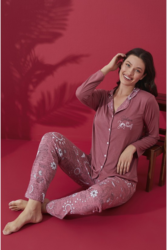 Düğme Detaylı Desenli Pijama Takımı Gülkurusu