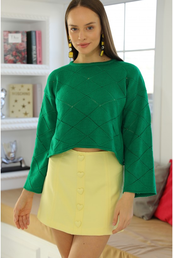 Baklava Desen Triko Bluz Yeşil
