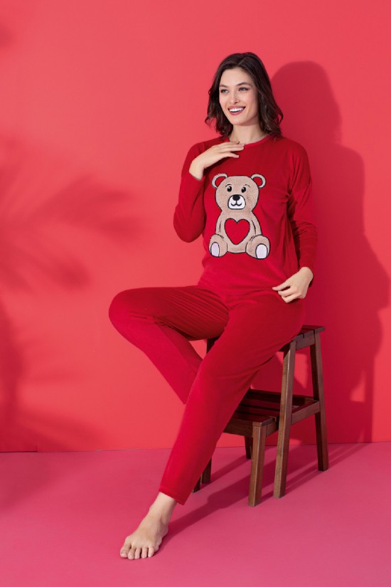 Baskılı Kadife Pijama Takımı Kırmızı