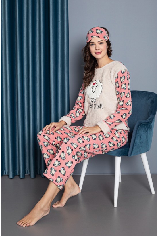 Desenli Polar Pijama Takımı Pudra
