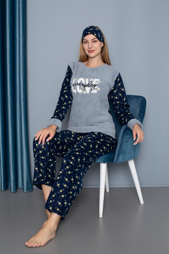 Desenli Polar Pijama Takımı Lacivert