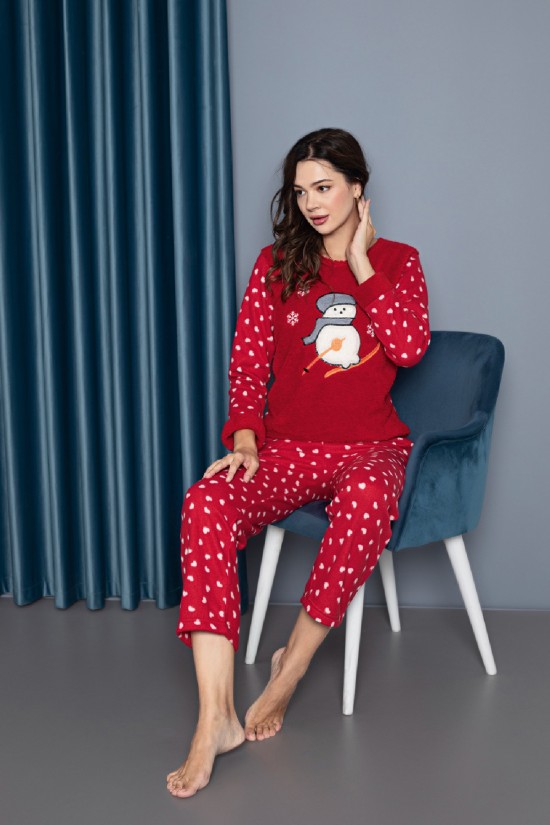 Desenli Polar Pijama Takımı Kırmızı
