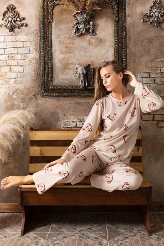 Desenli Pijama Takımı Bej